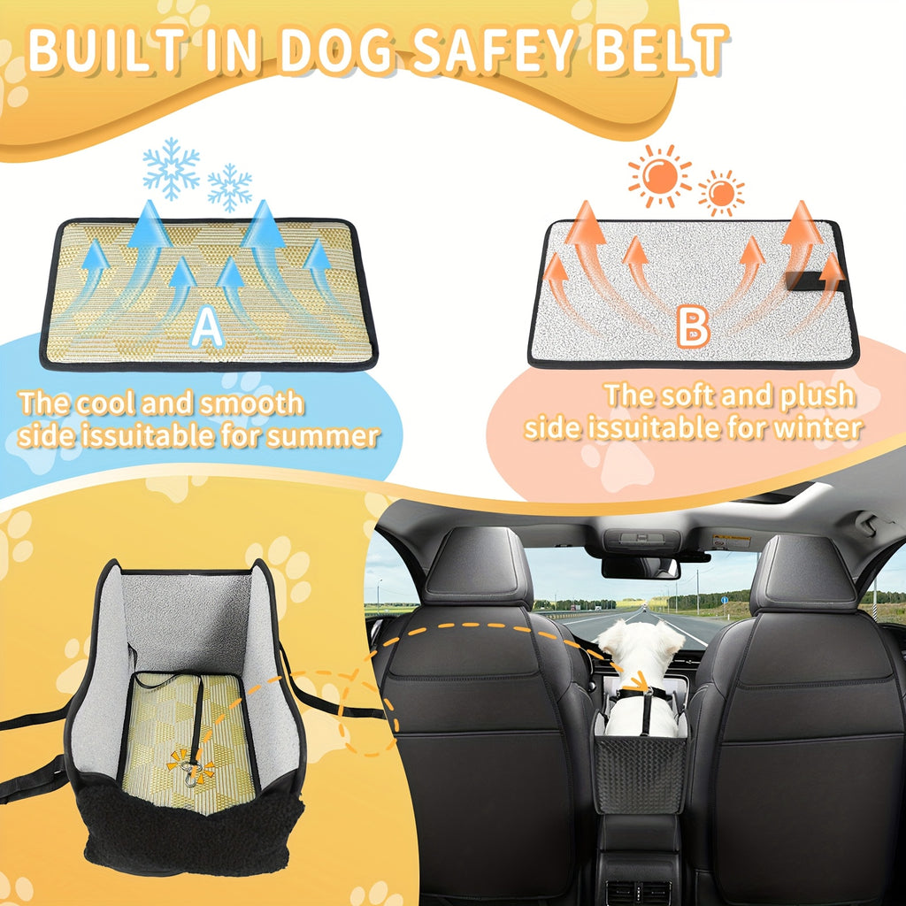 Comfortable Central Console Dog Car Seat, Portable Cozy Booster Car Seat, Deluxe Pet Car Seat for Dogs & Cats with Safety Harness, Breathable Mesh & Soft Padding - for Safe & Comfortable Trave