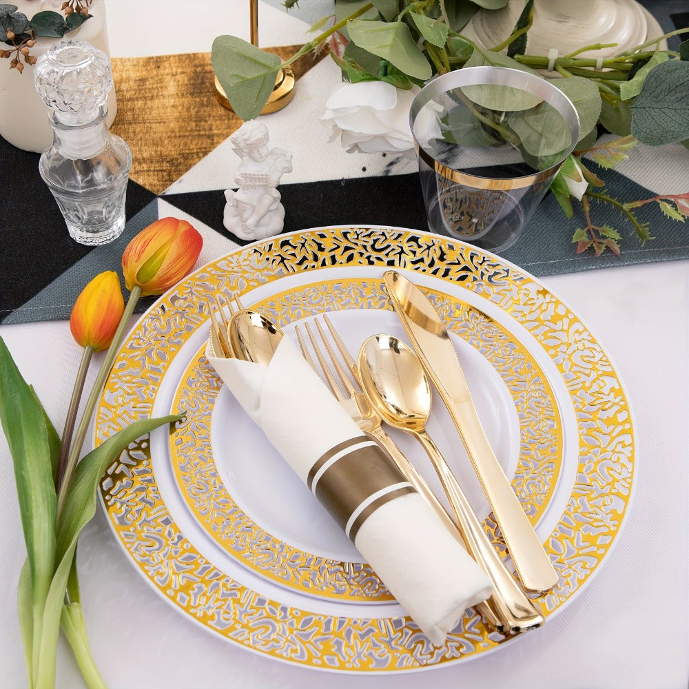 Gold Disposable Dinnerware Set for 50 Guests 350pcs – Includes Dinner Plates, Dessert Plates, 9oz Cups with Gold Rim, Pre-Rolled Napkins & Gold Cutlery | Perfect for Wedding, Party & Holiday Celebration