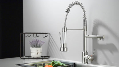 Kitchen Faucet with Pull Down Sprayer Single Handle Single Hole High Arc Spring Commercial Sink Faucet – 360° Swivel Splash-Proof Nozzle, Matte Black Chrome Brushed Nickel, Modern Monobloc Mixer Tap