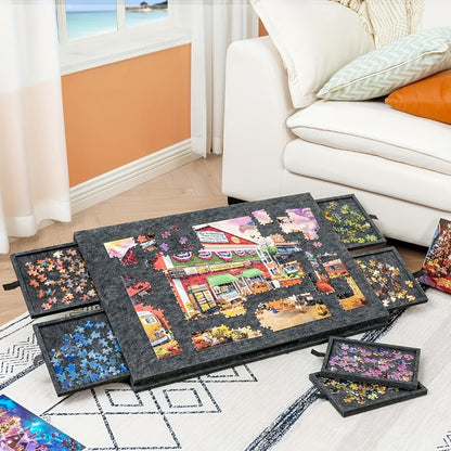 Felt Jigsaw Puzzle Board with 6 Storage Drawers – Portable Puzzle Table Adjustable Tilt Stand, 2-in-1 Protective Cover, Non-Slip Surface & Carry Handle, Gift for Puzzle Lovers Adults Seniors