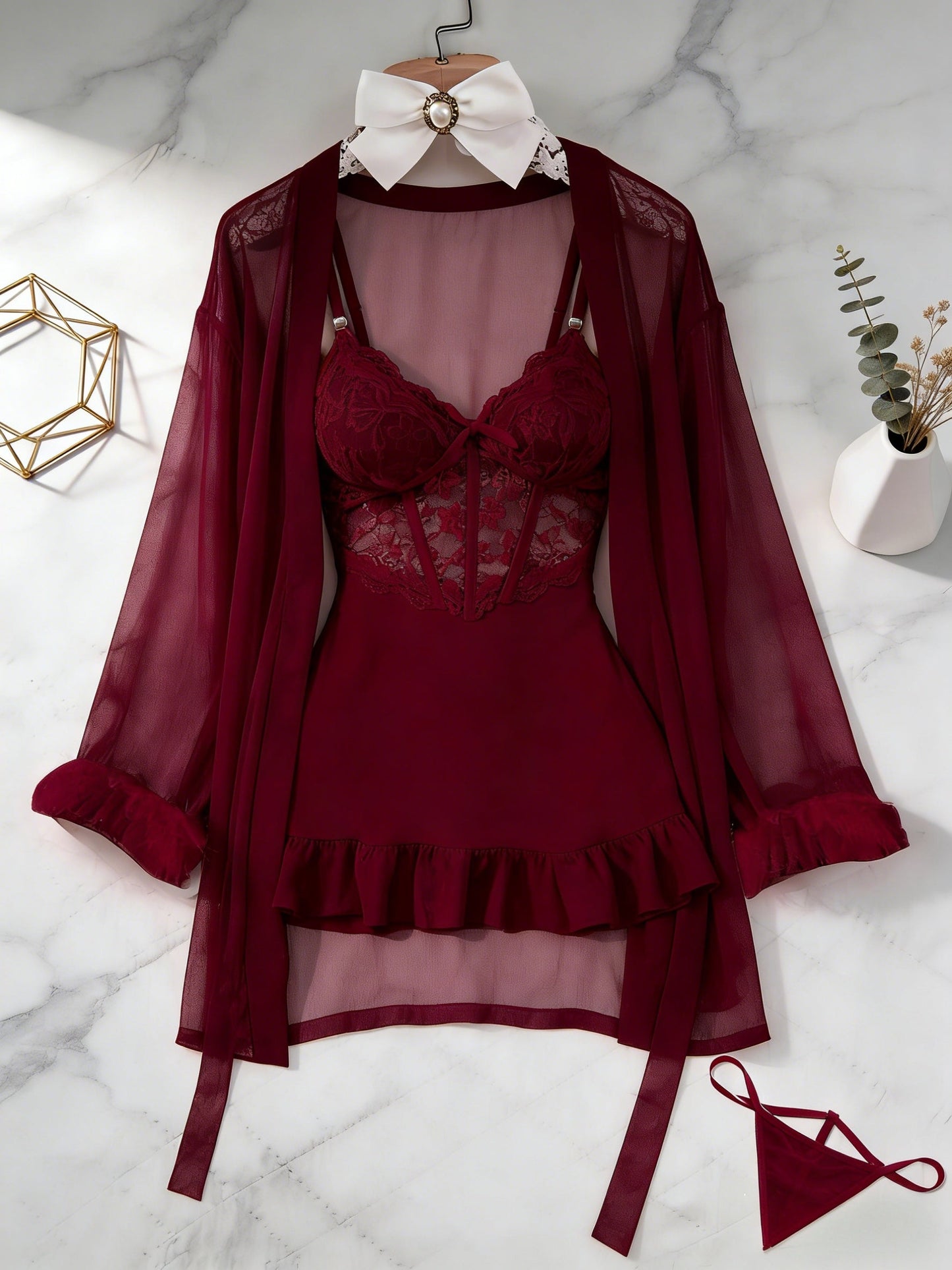 Women's 3-Piece Sheer Lace Babydoll Set - Robe and Panty