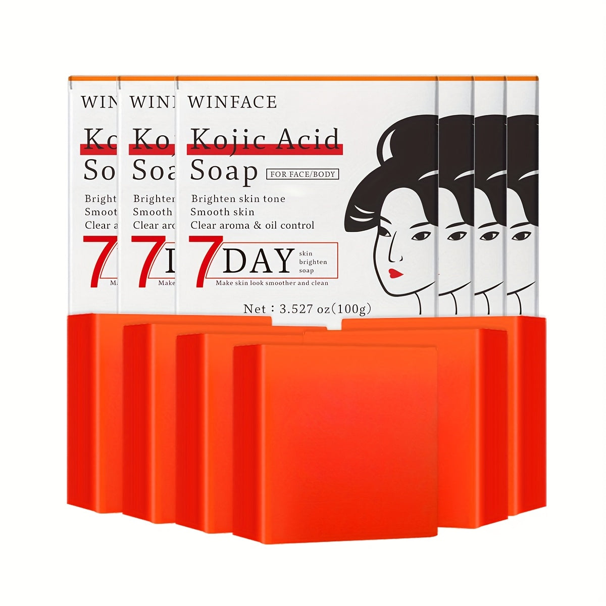 Kojic Acid Brightening Bar Soap 6-Pack – Rose Extract & Glycerin Formula for Dark Spots, Oil Control & Even Skin Tone | Moisturizing Gentle Cleanser for Face, Hand & Body | Natural Orange Scent, 100g Each