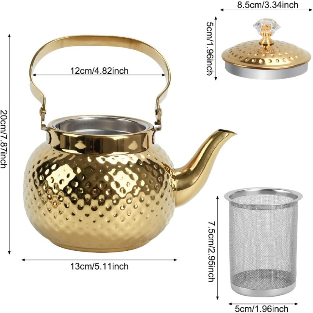 Hammered Tea Kettle Stainless Steel – 40.58oz Stovetop Teapot with Strainer for Loose Leaf Tea, Coffee & Milk, Classic Hammered Design, Outdoor & Travel Friendly, Premium Tea Gift – Gold, Silver