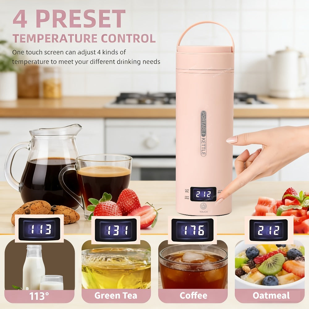 Travel Electric Kettle Mini Portable – Small Water Boiler with 4 Temperature Settings, 304 Stainless Steel, Auto Shut-Off & Boil-Dry Protection, BPA-Free Compact Tea Coffee Kettle with Leather Sleeve – Pink, Black, White