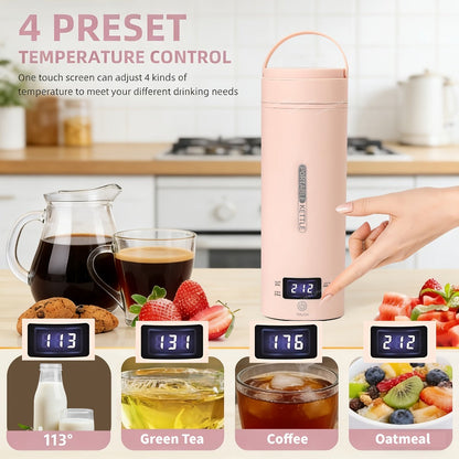 Travel Electric Kettle Mini Portable – Small Water Boiler with 4 Temperature Settings, 304 Stainless Steel, Auto Shut-Off & Boil-Dry Protection, BPA-Free Compact Tea Coffee Kettle with Leather Sleeve – Pink, Black, White