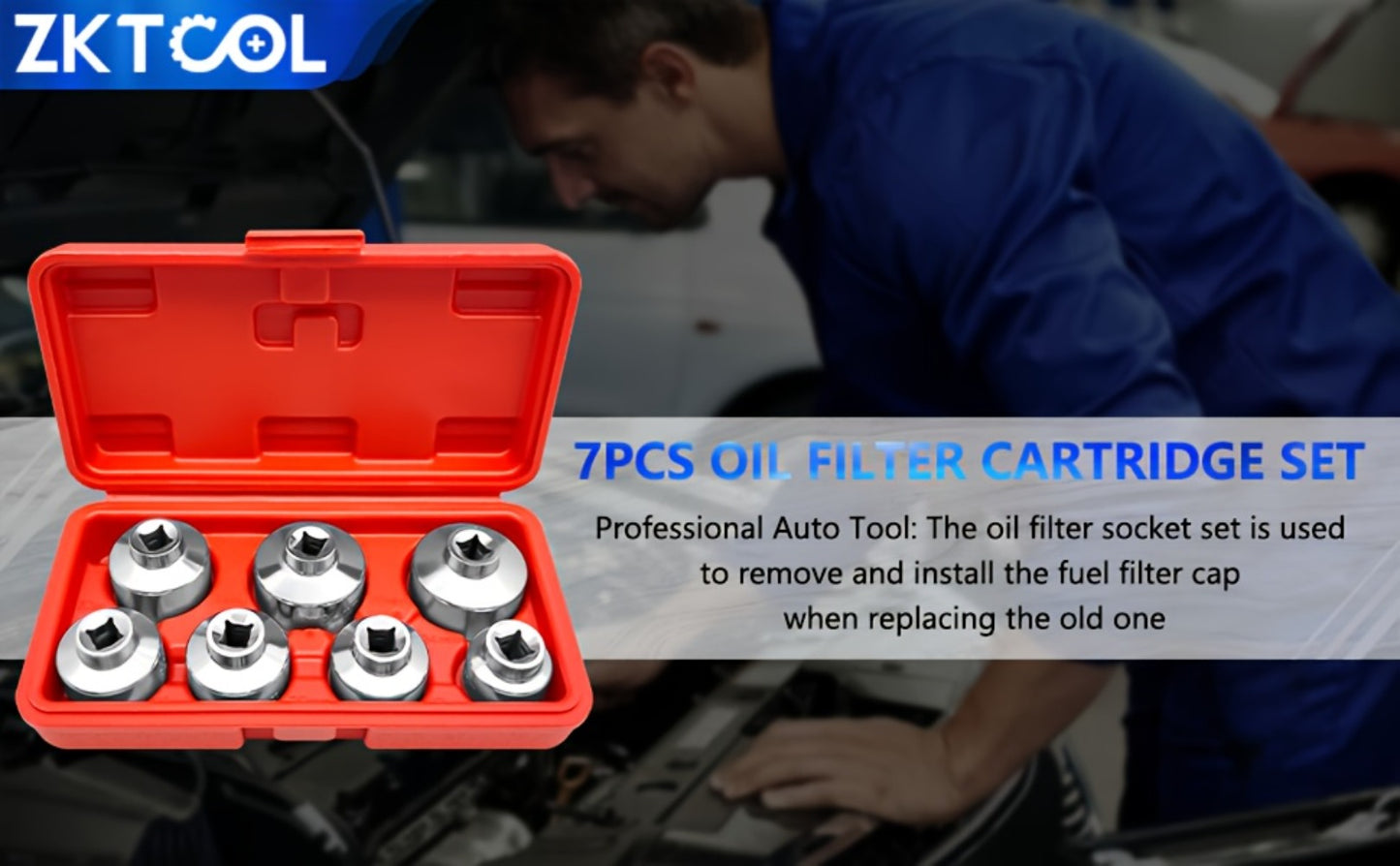 7-Piece Oil Filter Wrench Socket Set – CR-V Steel Hexagonal Cap Wrenches 24mm to 38mm, 3/8-Inch Drive, Universal Fit for Car Oil Filter Removal & Replacement