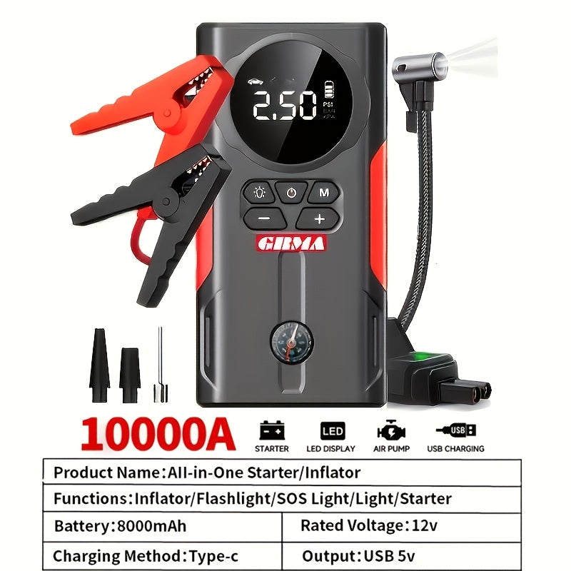 Portable Emergency Power Supply with 7 Functions, Featuring a 150PSI Digital Display. This Car Battery Charger Is Designed for 2.64-Gallon Gasoline Or 2.38-Gallon Diesel Engines, Making It an Ideal Emergency Starter for Vehicles