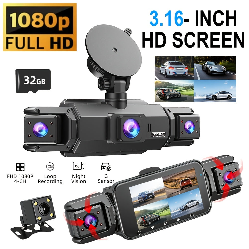 FOXGOD Car Dashboard Camera 360° Panoramic 3/4 Lens Channel 1080P HD Ultimate Safety Dash Cam Set, 1080P Full Coverage Front, Rear, Left, And Right, Quad-Split Screen Display, HD Night Vision, WDR, G-Sensor, Loop Recording - Car Accessories/Car Dash