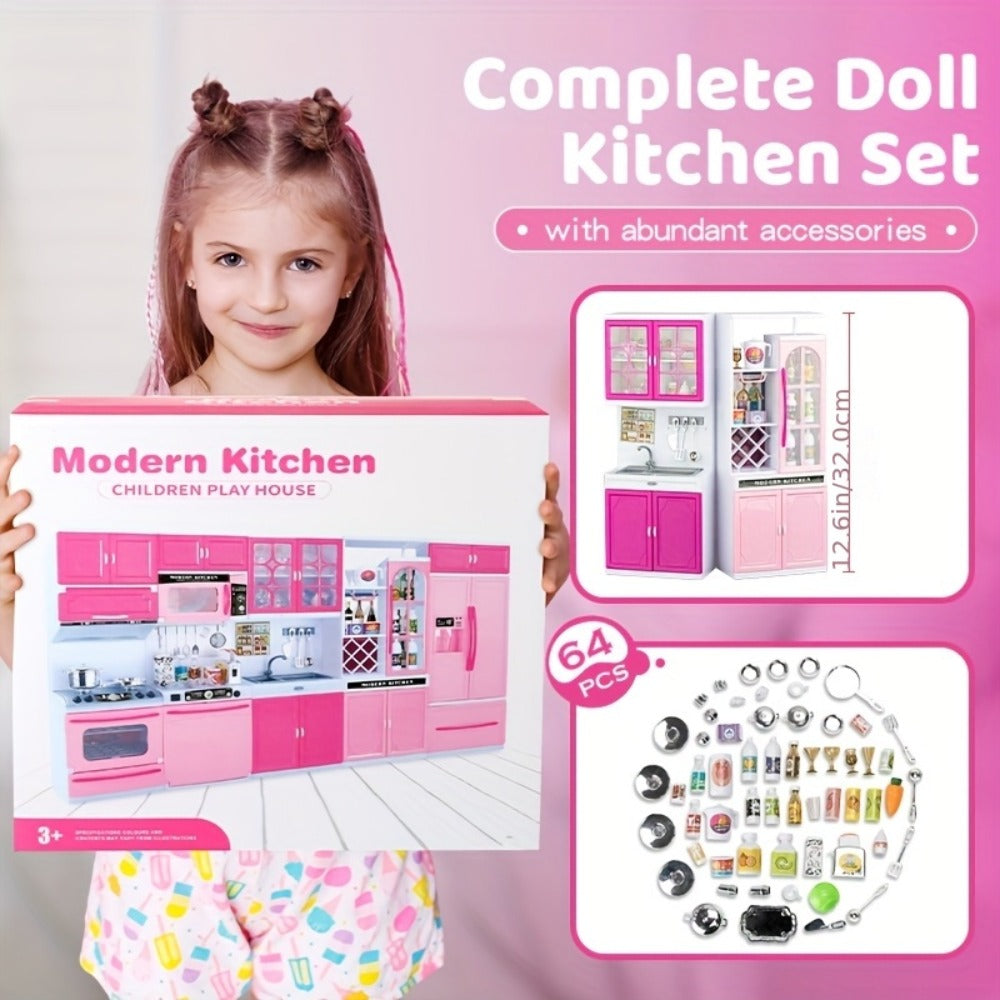 Pink Kitchen Toy Set 64pcs with Lights & Sounds – Mini Furniture Doll Playset for Girls | Pretend Play Kitchen Accessories, Birthday & Christmas Gift for Toddlers & Kids Ages 3 4 5 6