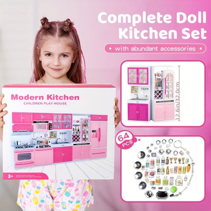 Pink Kitchen Toy Set 64pcs with Lights & Sounds – Mini Furniture Doll Playset for Girls | Pretend Play Kitchen Accessories, Birthday & Christmas Gift for Toddlers & Kids Ages 3 4 5 6