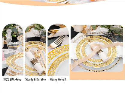 Gold Disposable Dinnerware Set for 50 Guests 350pcs – Includes Dinner Plates, Dessert Plates, 9oz Cups with Gold Rim, Pre-Rolled Napkins & Gold Cutlery | Perfect for Wedding, Party & Holiday Celebration