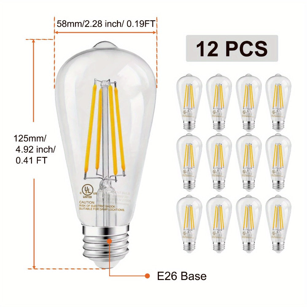 ST58 Vintage Edison LED Filament Bulb 8W 2700K Warm White Dimmable – 60W Equivalent E26 Base Clear Glass Antique Style for Chandelier Pendant Bedroom Living Room Home Commercial, 12 & 24 Pack