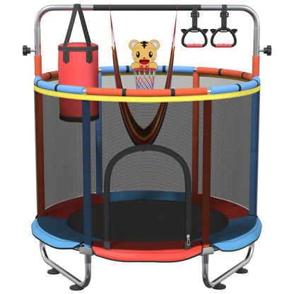 60 Inch Trampoline with Enclosure and Gymnastics Bar – 440 Lbs Capacity Height Adjustable Indoor Outdoor Round Trampoline with Toys for Kids | Best Birthday Gift for Boys and Girls