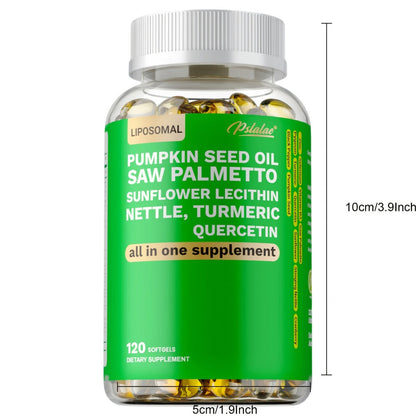 Saw Palmetto Capsules with Pumpkin Seed Oil, Pygeum & Quercetin – Urinary, Bladder, Hair & Heart Health Support for Women & Men | Daily Wellness Supplement | 120 Capsules