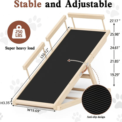 Dog Ramp for Bed & Sofa – Foldable Wooden Pet Ramp with Safety Guards, Adjustable Height, Holds 250 lbs, Indoor Outdoor Dog Steps for Small Medium Large Dogs, Couch Car Ramp