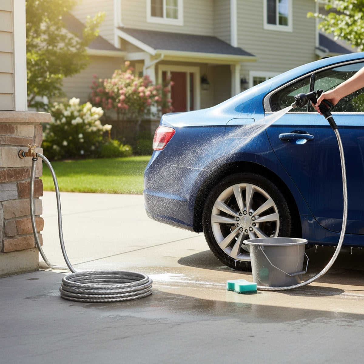 25/50/75/100ft Heavy Duty Stainless Steel Water Hose - Kink-Free High Pressure Flexible Metal Garden Hose Suitable for Car Wash, Dog Proof with 2 Nozzles, Trusted by Professionals & Pet-Resistant for Outdoor/Commercial Use