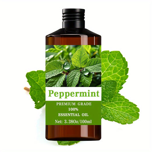 Peppermint Essential Oil 100% Pure Natural 100ml 3.38oz — Undiluted Cooling Oil for Hair Growth Scalp Stimulation Skin Nail Care Massage Aromatherapy Diffuser Meditation Muscle Relief Women Men