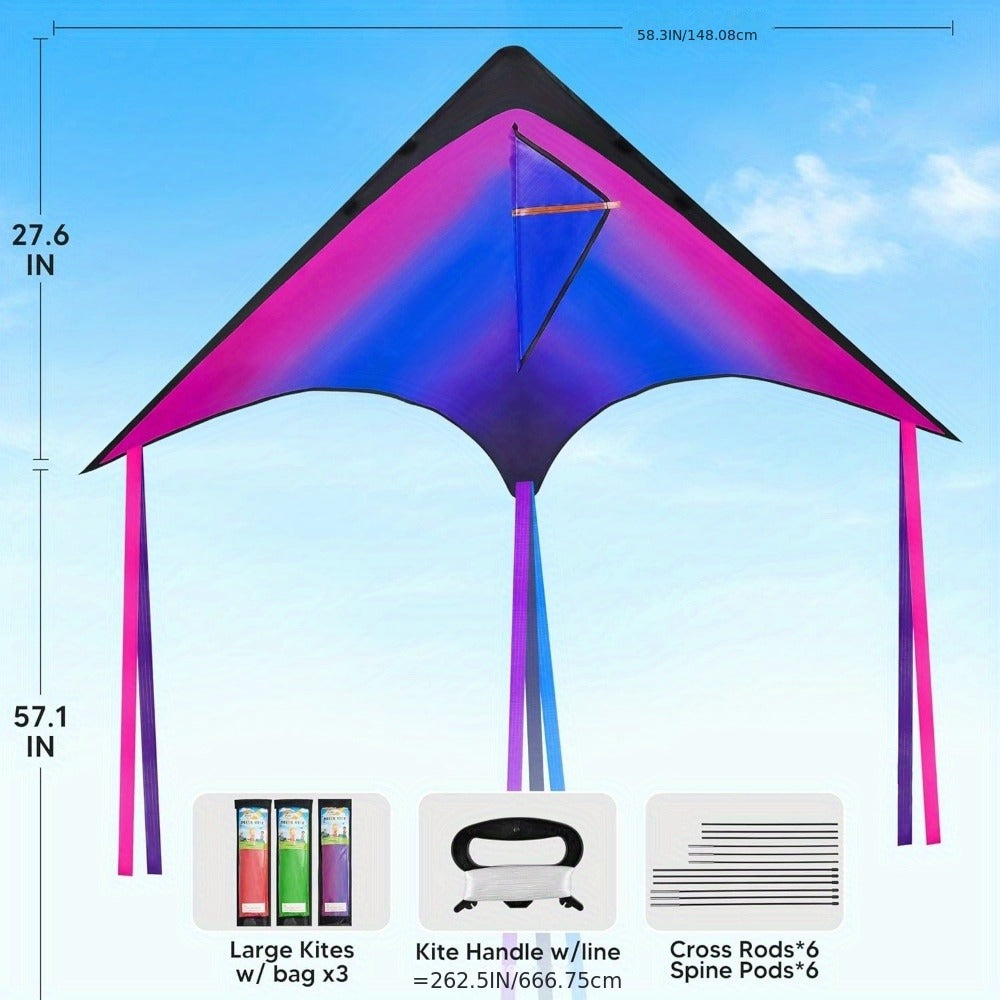 Large Delta Kite 3 Pack for Kids & Adults – Gradient Easy-to-Fly Kites with 58-Inch Wingspan & 262.5 Ft String, Stable in Light Wind | Best Outdoor Beach Park Gift for Boys and Girls
