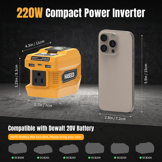 HASEED 220W Car Portable Power Station - Compatible With De-Walt 20V Battery(Battery Not Included), Portable Car Accessories, DC 20V To AC 110V Output, 2 USB + 1 Type-C Fast Charging Port, 400LM Work Light For Car Travel/Camping/Outdoor Power Invert