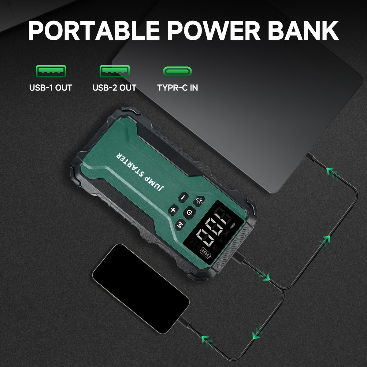 10000A 7-in-1 Multi-functional Emergency Start Power Supply with Air Pump, 150PSL Portable Car Battery Starter, Digital Tire Inflator, Suitable for 2.64 Gallon Gasoline Or 2.38 Gallon Diesel Battery, LED Emergency Light, Car Emergency Tool.