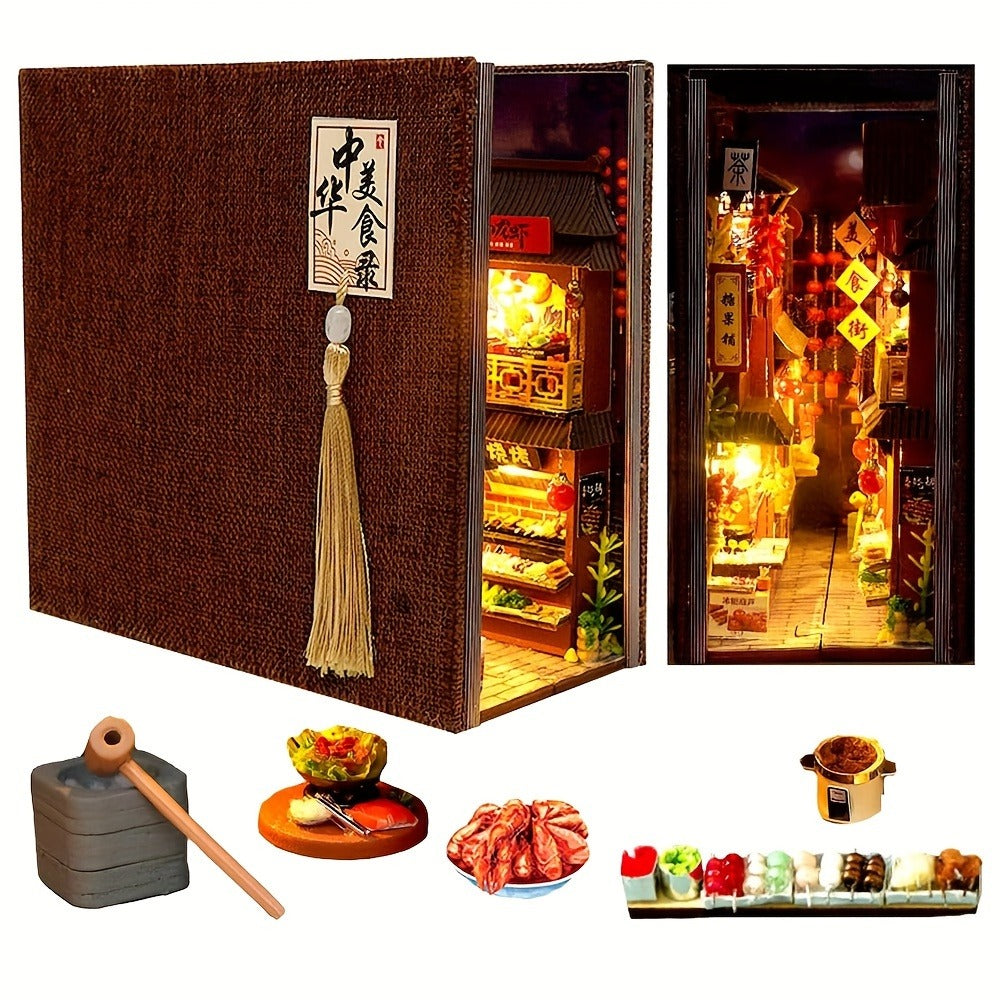 Book Nook Kit Chinese Food Street Miniature Dollhouse 3D Wooden Puzzle Bookshelf Insert DIY Model Building Set for Adults Teens – No Glue Needed Birthday Christmas Housewarming Gift