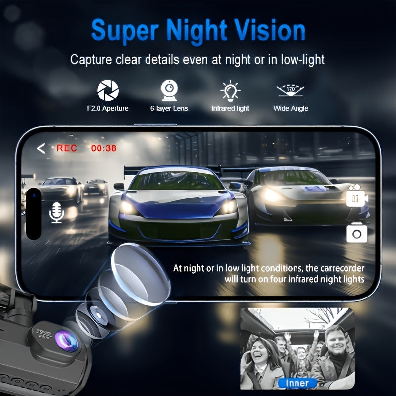 1080P Dash Cam with 2/3 Cameras Front And Built-In And Rear (Optional) Infrared Night Vision 170° Wide-Angle Lens Built-In Audio 32GB Memory Card (Optional) Wifi Connection to Smartphone (Optional) Loop Recording G-Sensor 24H Parking Monitor