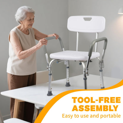 Shower Chair with Armrests & Backrest – Height Adjustable Aluminum Bath Seat, 350 LBS Capacity, Non-Slip Rubber Feet, Cushioned Support for Elderly, Disabled & Post-Surgery, Fits Most Showers & Tubs