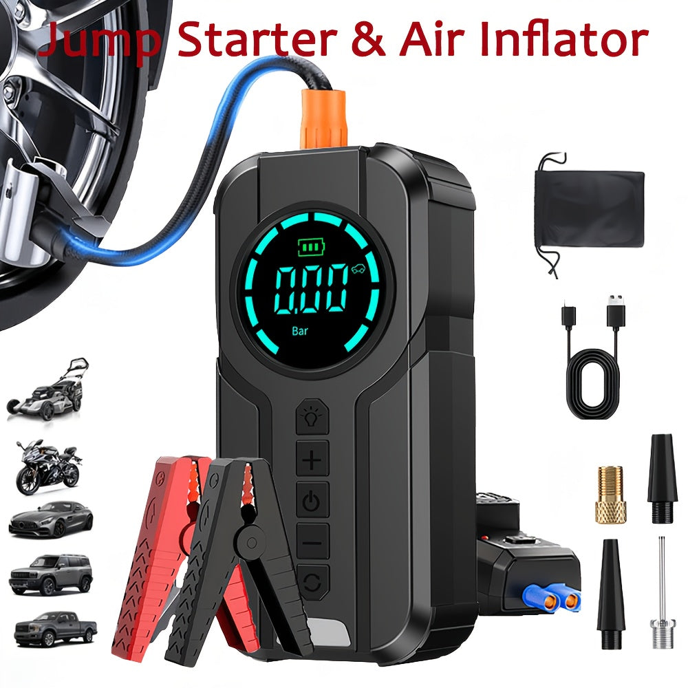 12000A-18000A 7-in-1 Vehicle Emergency Starter Power Bank with Extended Smart Jump Cables, Fast Charging, Large Display, LED Lighting, Compatible with All Gas/Diesel Engines (2.64 Gallons), Quick Vehicle Start, And Air Pump Function