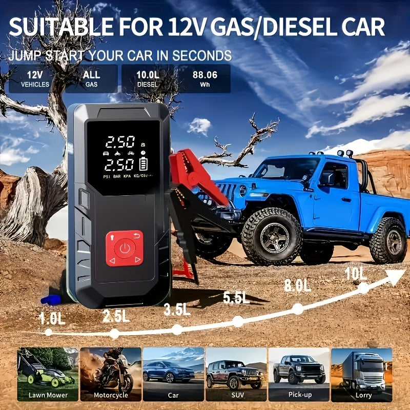 10000A/13000A 9-In-1 Multi-Functional Emergency Jump Starter with Air Pump+10000A Single Start Power Supply 150PSL Portable Car Battery Starter, Portable Vehicle Battery Charger, Suitable for 2.64-Gallery Gasoline Or 2.38-Gallery Diesel Batteries