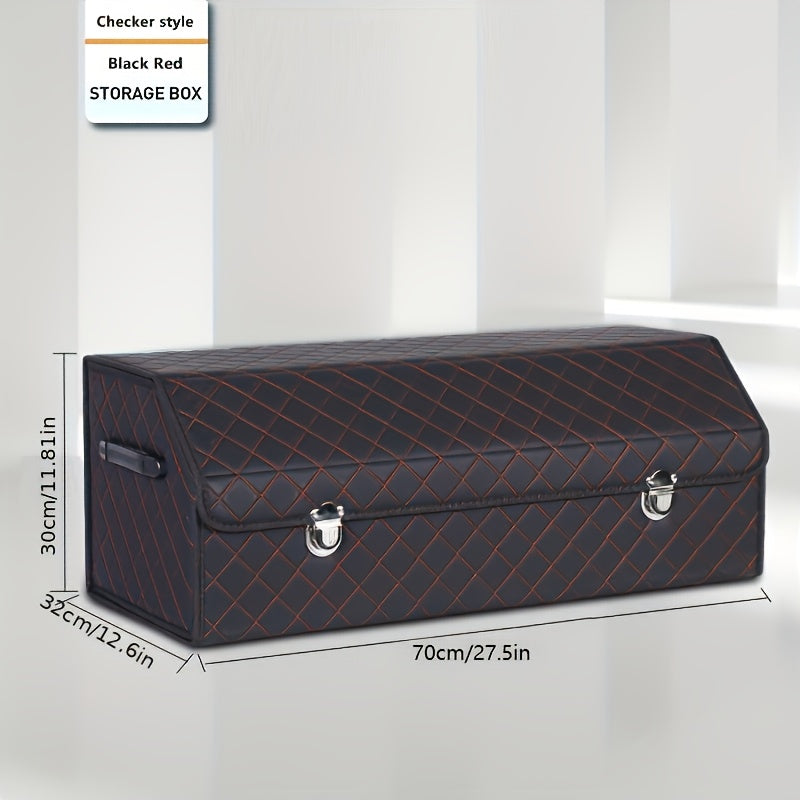 PU Leather Foldable Car Trunk Organizer Box with Lid – Collapsible Cargo Storage Bin for SUV & Sedan, Tool & Accessory Container, 15" & 28" Sizes, Coffee, Black Silver & Black Red
