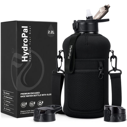 74oz Half Gallon Water Bottle with Storage Sleeve & 2 Lids - BPA-Free Large Sports Water Jug with Straw Lid, Chug Lid & Carry Strap, Big Gym Water Bottle with Handle for Daily Hydration
