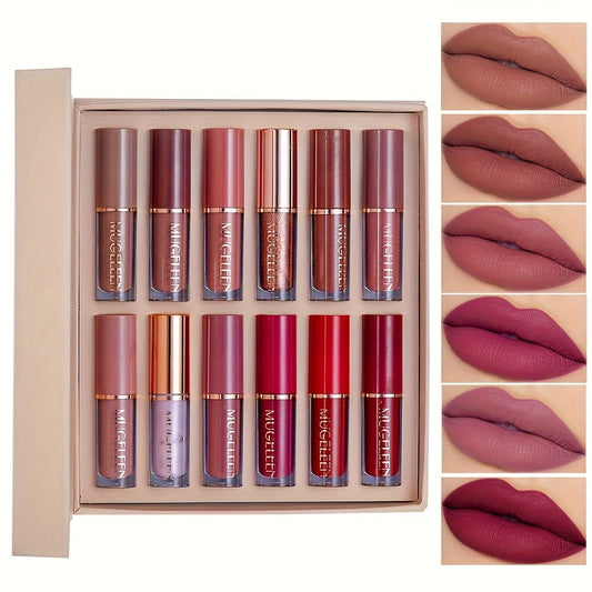 Non-Stick Matte Lip Gloss Set 12 Pcs Non-Fading Long-Lasting Liquid Lipstick Assorted Colors with Wand Applicator – Velvety Bold Lip Color Beauty Gift for Women & Girls Everyday Wear & Events