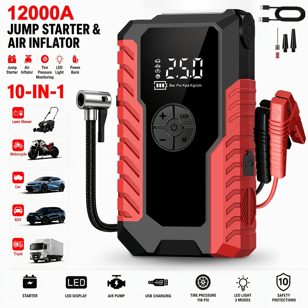 5-in-1/10IN1 Portable Car Battery Jump Starter With Tire Inflator 12V Fast Start, Battery Boost, USB I/O, LED Emergency Light, Reliable Power, Roadside/Vehicle Emergency Tool 4000A/12000A Portable Wireless Car Jump Starter Battery Portable