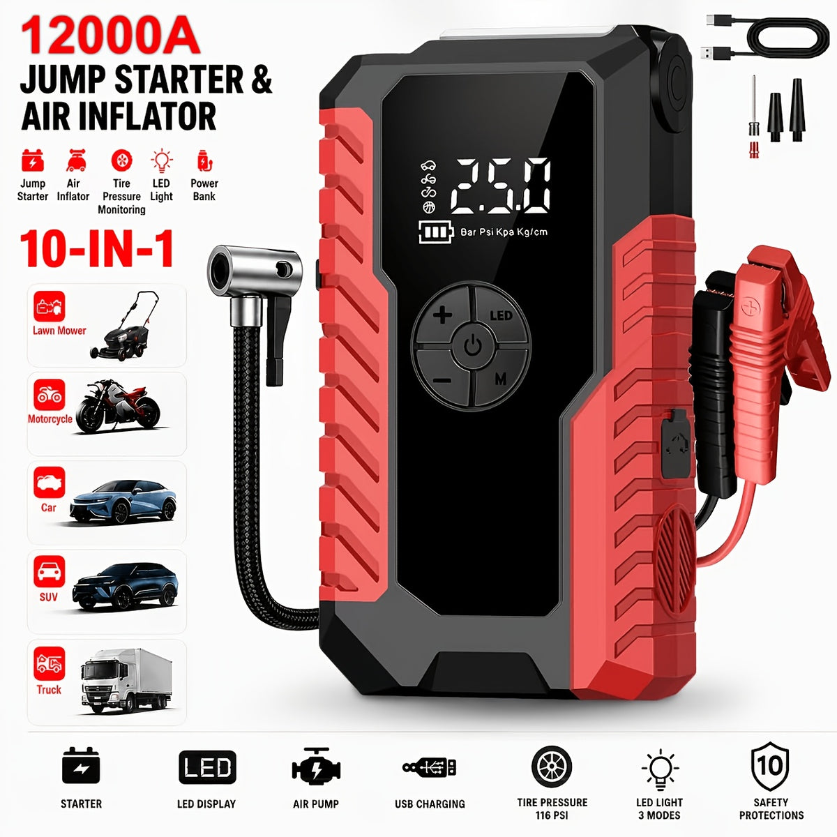 5-in-1/10IN1 Portable Car Battery Jump Starter With Tire Inflator 12V Fast Start, Battery Boost, USB I/O, LED Emergency Light, Reliable Power, Roadside/Vehicle Emergency Tool 4000A/12000A Portable Wireless Car Jump Starter Battery Portable