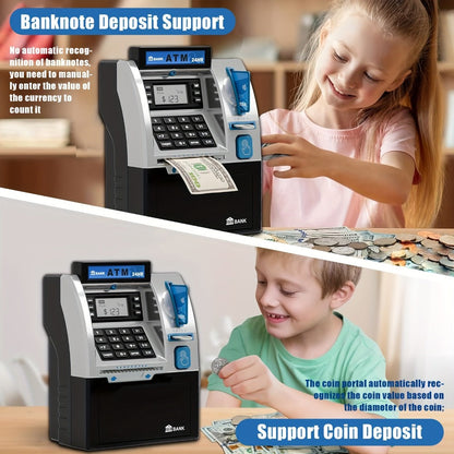 Electronic ATM Kids Piggy Bank with Password – Banknote & Coin Savings Bank for Boys Girls, Birthday Gift, Christmas Gift, Interactive Money Bank Toy, Black & Blue