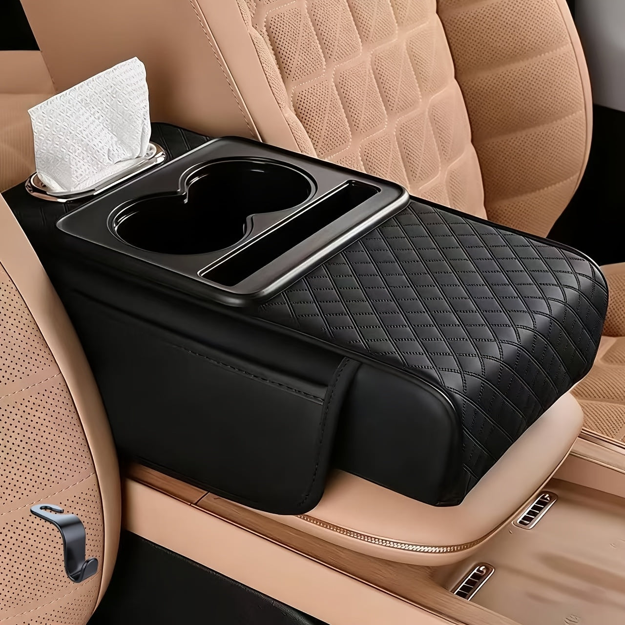 Car Armrest Box Cover PU Leather Center Console Mat – 2 Side Pockets 2 Cup Holders Tissue Storage, Universal Fit Most Car Models, Multi-Function Interior Organizer for Women
