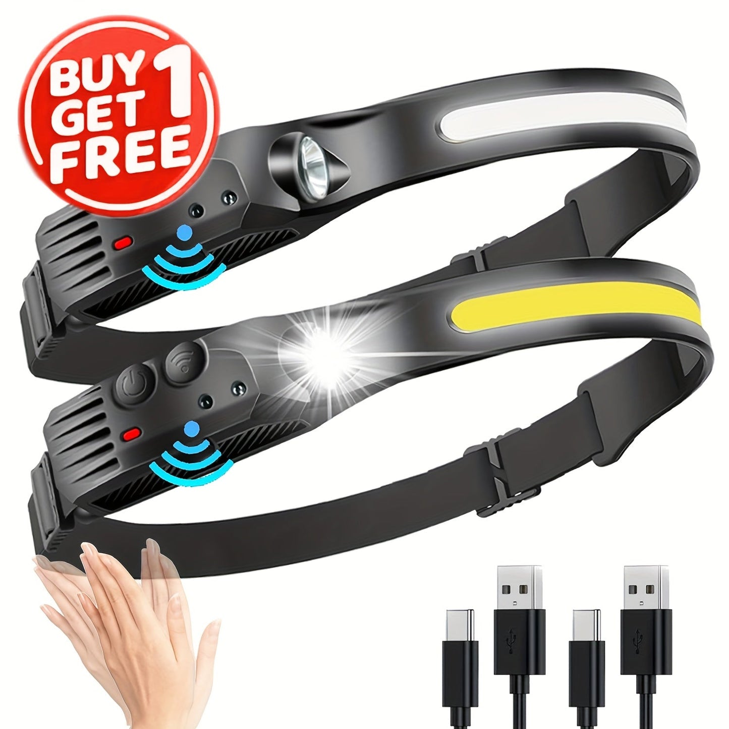 COB LED Headlamp 2 Pack 230° Wide Beam Motion Sensor Rechargeable Head Torch for Hiking Running Fishing Camping Hard Hat