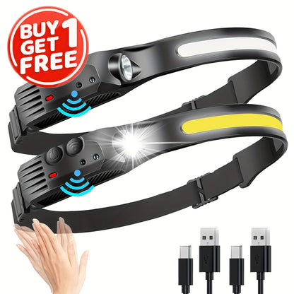 COB LED Headlamp 2 Pack 230° Wide Beam Motion Sensor Rechargeable Head Torch for Hiking Running Fishing Camping Hard Hat