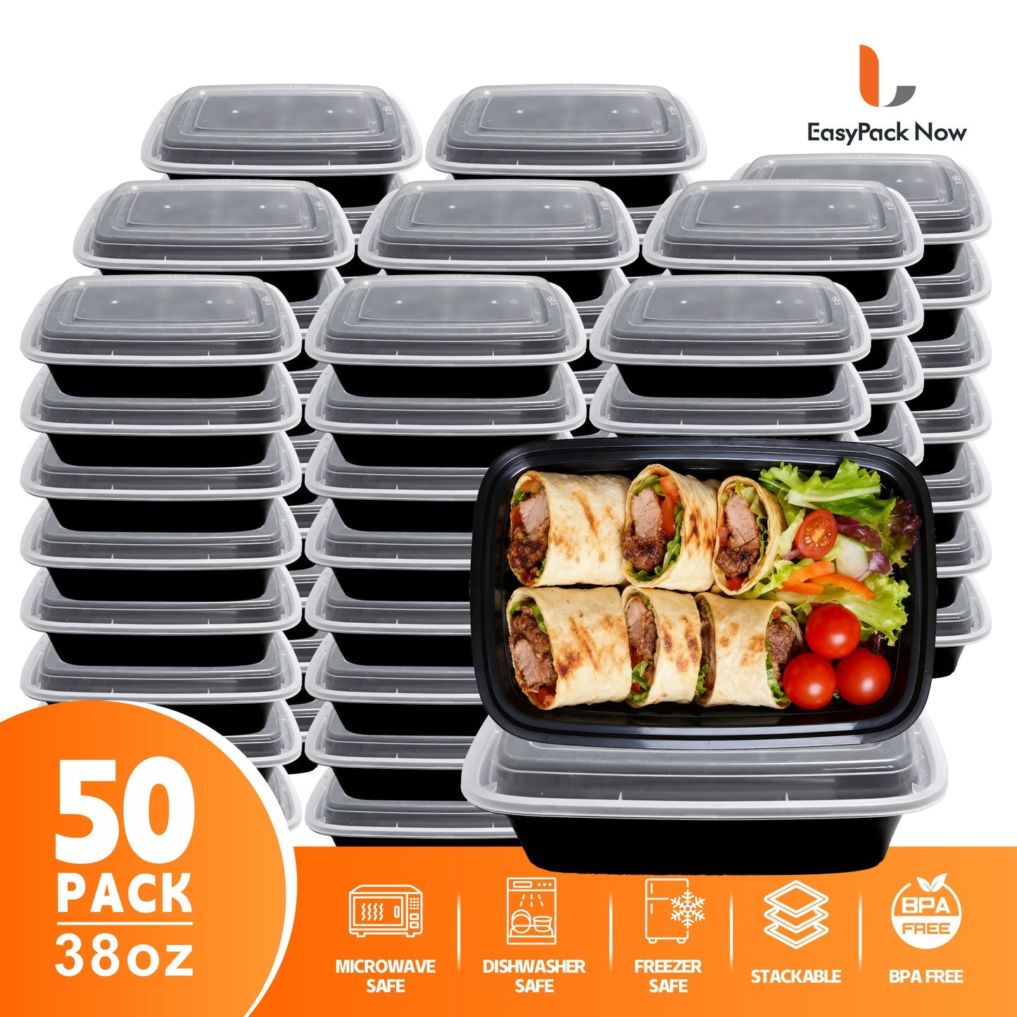 Meal Prep Containers with Lids 50 Pack BPA Free – 32oz & 38oz Stackable Disposable Plastic Food Storage Containers, Microwave Dishwasher Freezer Safe | Restaurant, Catering, Home Kitchen & Lunch Boxes