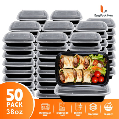 Meal Prep Containers with Lids 50 Pack BPA Free – 32oz & 38oz Stackable Disposable Plastic Food Storage Containers, Microwave Dishwasher Freezer Safe | Restaurant, Catering, Home Kitchen & Lunch Boxes