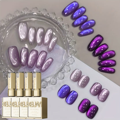 Cat Eye Gel Nail Polish Set 4pcs Purple Iridescent Glass Bead — Nine Purple Fire Aurora Shimmer UV LED Soak-Off Gel Polish for Women, Salon & Home DIY Nail Art Manicure Kit