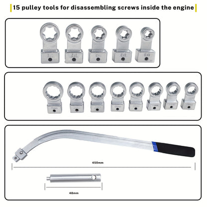 15pcs  Auxiliary Belt Tensioner Pulley Removal Tool Kit, Engine Belt Removal Tool,  Auxiliary Imitation Wheel Tensioner Pulley Removal Kit with Multi-Size Adapters & Carrying Case