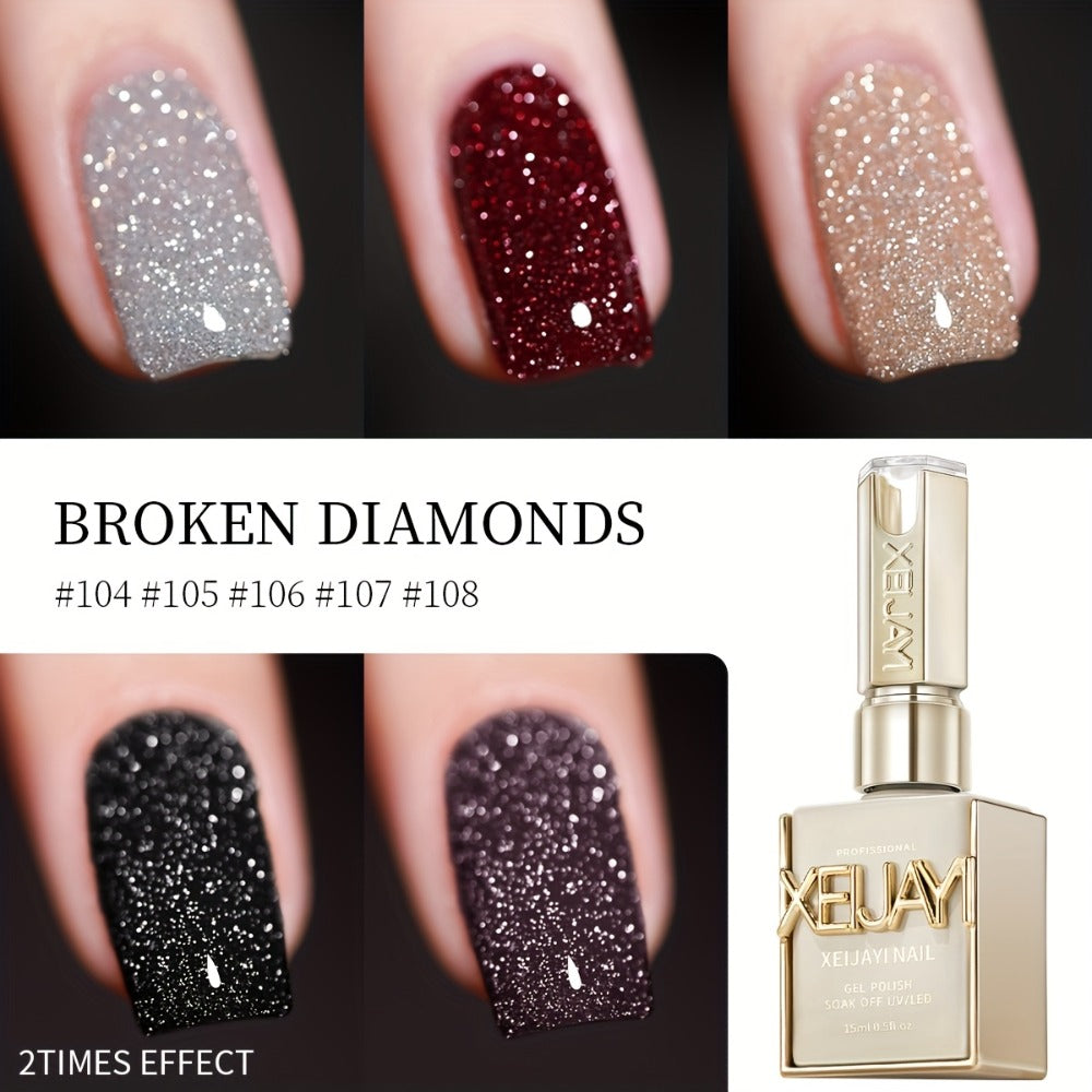 Glitter Gel Nail Polish Set 5 Colors Broken Stone Sparkling – Semi Permanent Soak Off UV LED Nail Gel 0.51oz Each, Long Lasting Multi-Dimensional Glitter Nail Art Polish for Salon & DIY Home Use