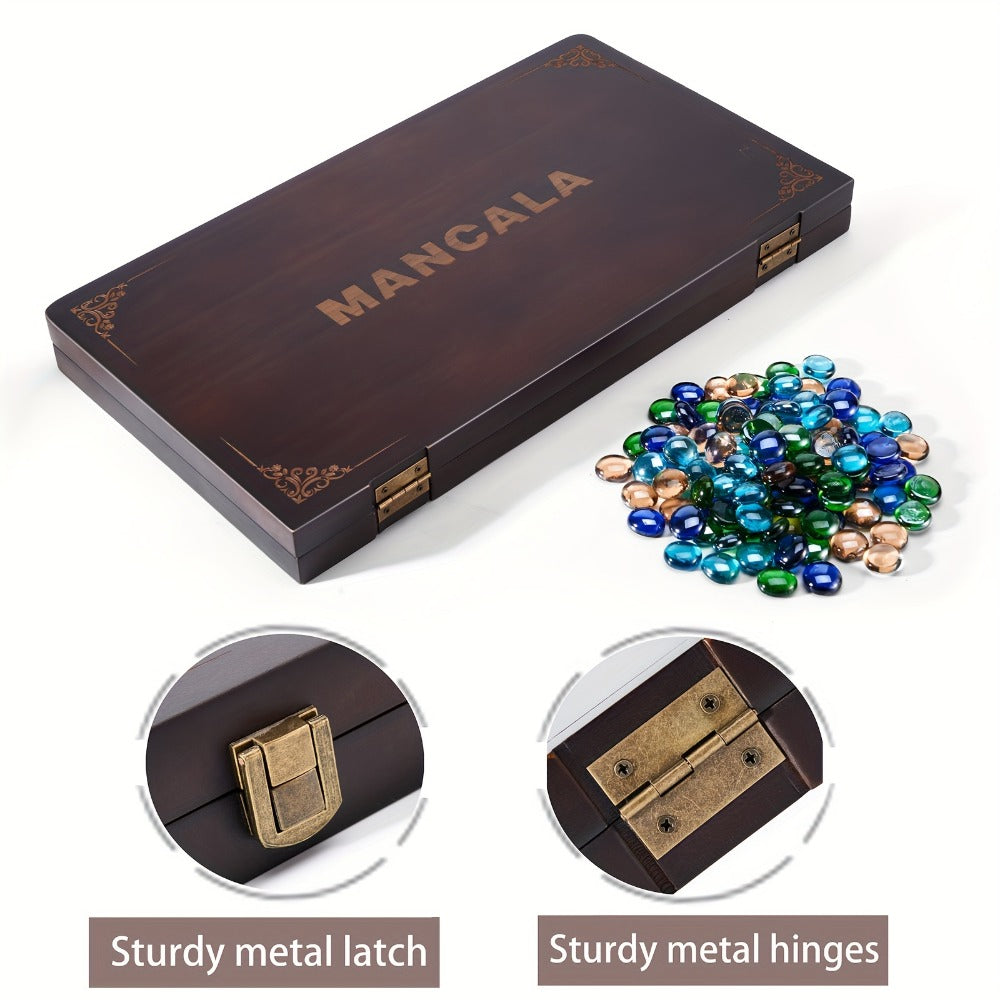 4-Player Mancala Game Set – Premium Solid Wood Folding Board with 108 Multi-Color Glass Stone Beads & Instructions, Upgraded Multiplayer Strategy Game for Teens & Adults, Perfect Family Gift Ages 14+