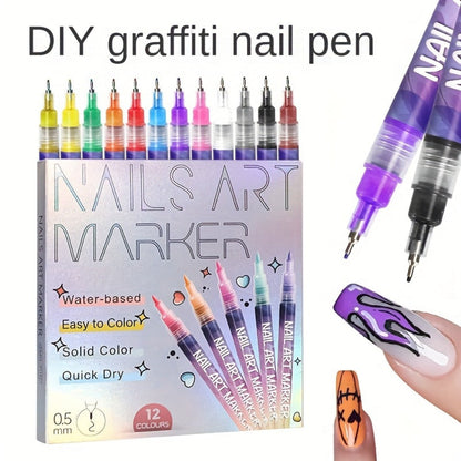 Nail Art Pens Set 12 Colors Quick Dry 3D Doodle Dot Stitching Nail Art Pen Kit - DIY Nail Design Tools for Home & Salon Use, Beginner & Professional Manicure Gift Set