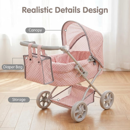 3-in-1 Baby Doll Stroller Set Pink Foldable Pram with Bassinet & Carry Bag for 14-24 Inch Dolls Swivel Wheels Adjustable Handle Nursery Role Play Gift for Girls Ages 3-12 (No Doll)