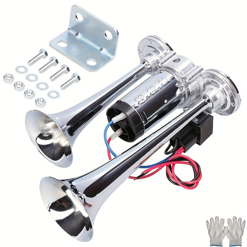 Dual Air Horn Kit 12V/24V 105-137dB with Air Compressor - Super Loud Aluminum Alloy Trumpet Horn for Truck, Train, SUV, Motorcycle, Car & Boat, Universal Electric Horn Easy Install