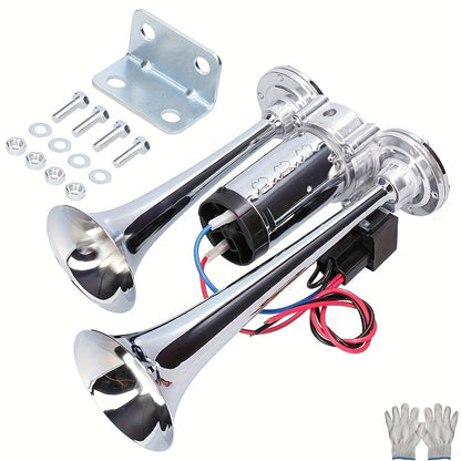 Dual Air Horn Kit 12V/24V 105-137dB with Air Compressor - Super Loud Aluminum Alloy Trumpet Horn for Truck, Train, SUV, Motorcycle, Car & Boat, Universal Electric Horn Easy Install