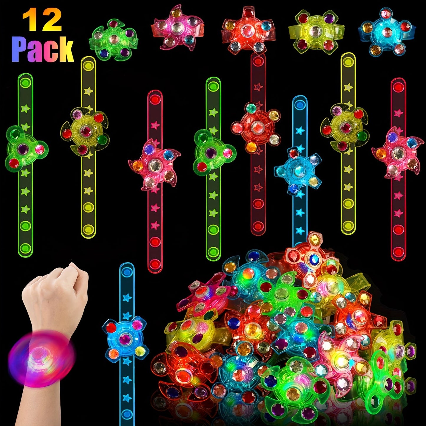 LED Fidget Spinner Wristbands Bulk Pack – Light Up Glow Wristbands for Kids Glow Party Favors, Birthday Goodie Bag Stuffers, Classroom Prizes for Boys & Girls (12 or 30 Pack)