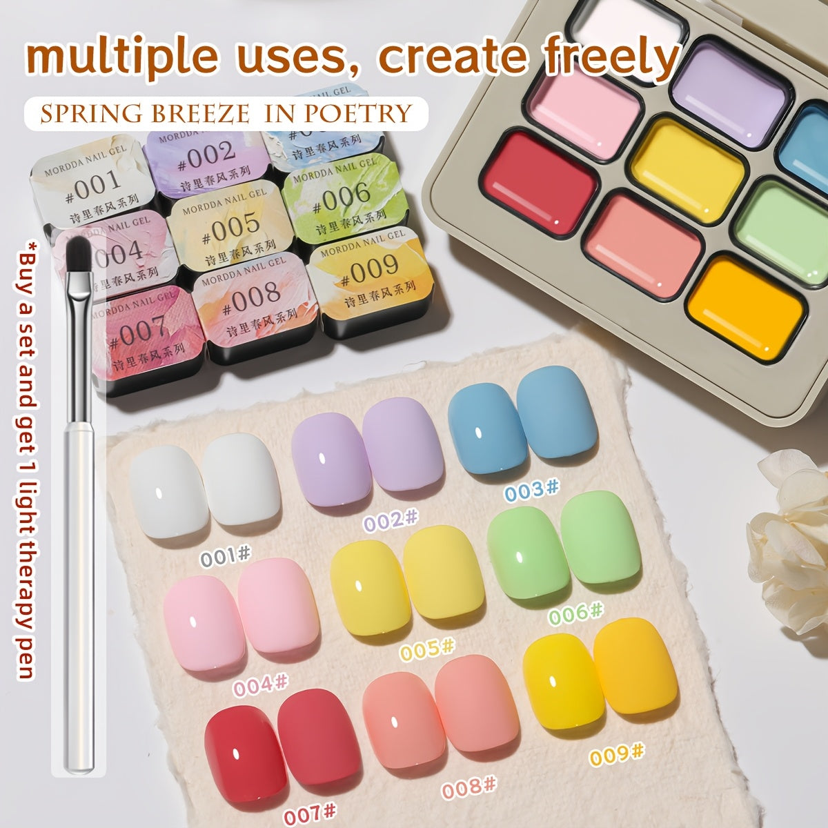 Gel Nail Polish Set 9 Colors with LED Lamp Pen MORDDA Spring Breeze - High Saturation Creamy Alcohol-Free Soak Off UV LED Long Lasting Shimmer Finish Salon & Home DIY Manicure Holiday Gift Kit Women